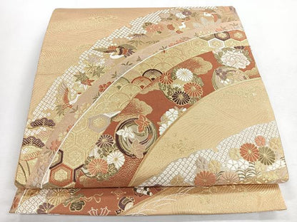 平和屋着物◎六通柄袋帯　唐織　松彩錦　流水飛鶴草花文　金糸　正絹　逸品　CABI4641nb