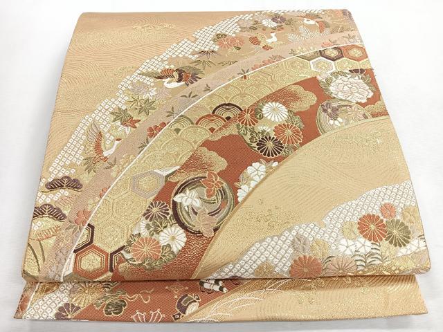 平和屋着物◎六通柄袋帯　唐織　松彩錦　流水飛鶴草花文　金糸　正絹　逸品　CABI4641nb