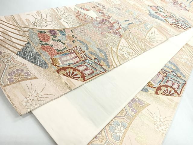 平和屋着物◎六通柄袋帯　唐織　扇面御所車草花文　金糸　正絹　逸品　CABI4643nb