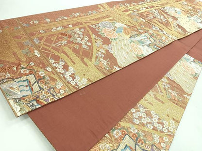 平和屋着物◎六通柄袋帯　唐織　御所車孔雀草花文　金糸　正絹　逸品　CABI4648nb