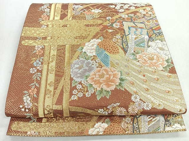 平和屋着物◎六通柄袋帯　唐織　御所車孔雀草花文　金糸　正絹　逸品　CABI4648nb