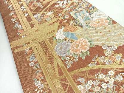 平和屋着物◎六通柄袋帯　唐織　御所車孔雀草花文　金糸　正絹　逸品　CABI4648nb