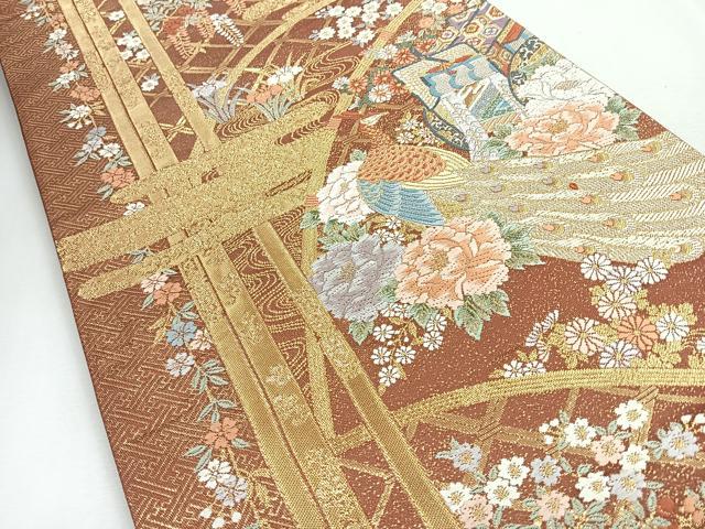 平和屋着物◎六通柄袋帯　唐織　御所車孔雀草花文　金糸　正絹　逸品　CABI4648nb