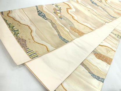 平和屋着物◎西陣　六通柄袋帯　流水草花文　金糸　証紙付き　正絹　逸品　未使用　CABI4650nb