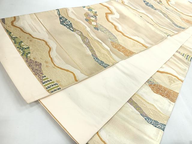 平和屋着物◎西陣　六通柄袋帯　流水草花文　金糸　証紙付き　正絹　逸品　未使用　CABI4650nb