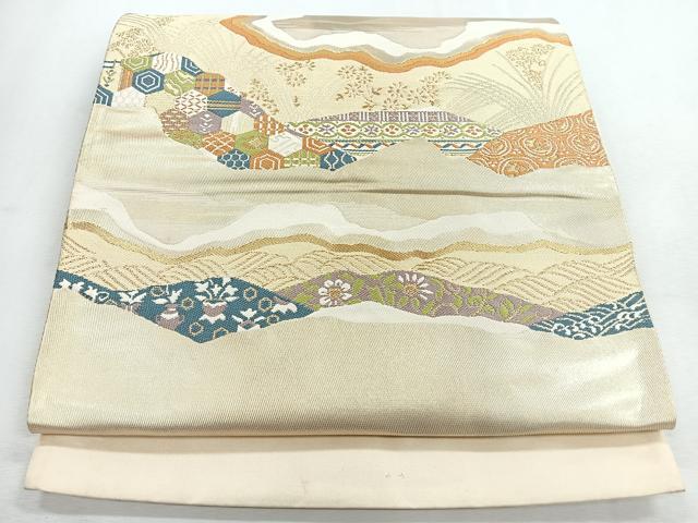 平和屋着物◎西陣　六通柄袋帯　流水草花文　金糸　証紙付き　正絹　逸品　未使用　CABI4650nb