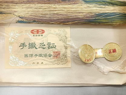 平和屋着物◎西陣　六通柄袋帯　流水草花文　金糸　証紙付き　正絹　逸品　未使用　CABI4650nb