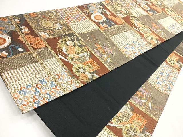 平和屋着物◎六通柄袋帯　唐織　御所車草花文　金糸　正絹　逸品　CABI4651nb