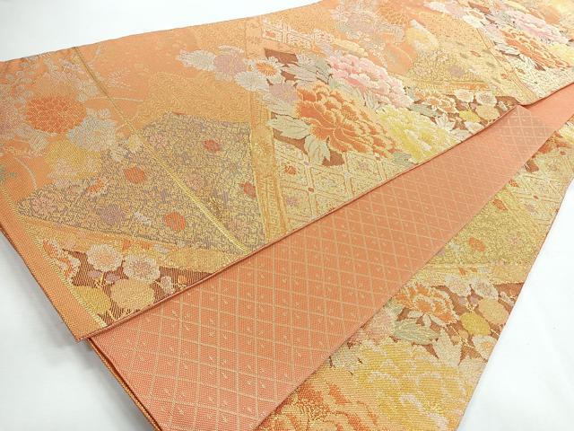平和屋着物◎六通柄袋帯　牡丹　金糸　正絹　逸品　CABI4653nb