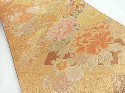 平和屋着物◎六通柄袋帯　牡丹　金糸　正絹　逸品　CABI4653nb