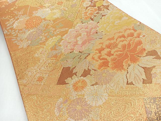 平和屋着物◎六通柄袋帯　牡丹　金糸　正絹　逸品　CABI4653nb