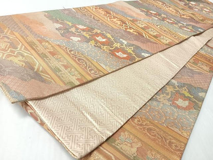 平和屋着物◎佐賀錦　六通柄袋帯　花唐草動物文　金糸　正絹　逸品　CABI4660nb