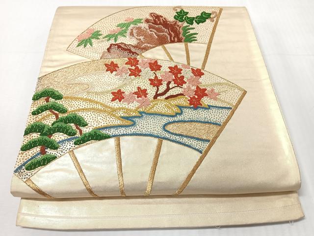 平和屋着物◎中国三大刺繍　相良刺繍　総刺繍　太鼓柄袋帯　扇面草花文　金糸　正絹　逸品　CABI4674nb