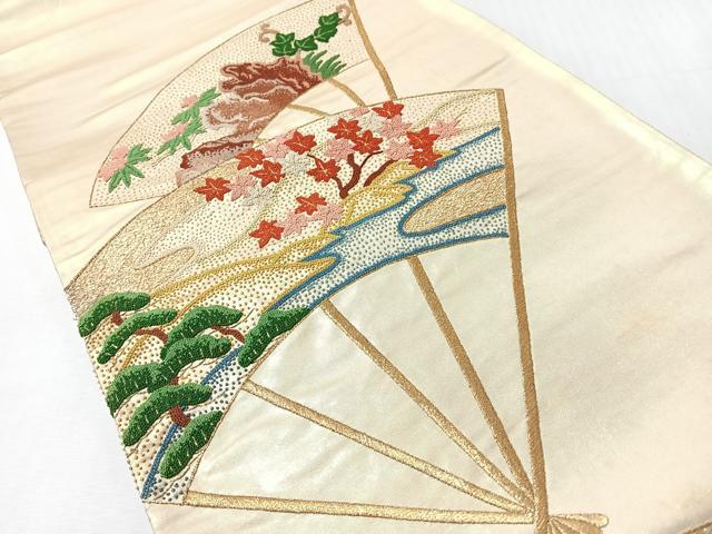 平和屋着物◎中国三大刺繍　相良刺繍　総刺繍　太鼓柄袋帯　扇面草花文　金糸　正絹　逸品　CABI4674nb
