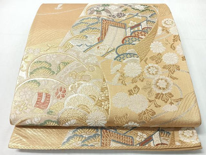 平和屋着物◎六通柄袋帯　唐織　色紙御所車草花文　金銀糸　正絹　逸品　CABI4675nb