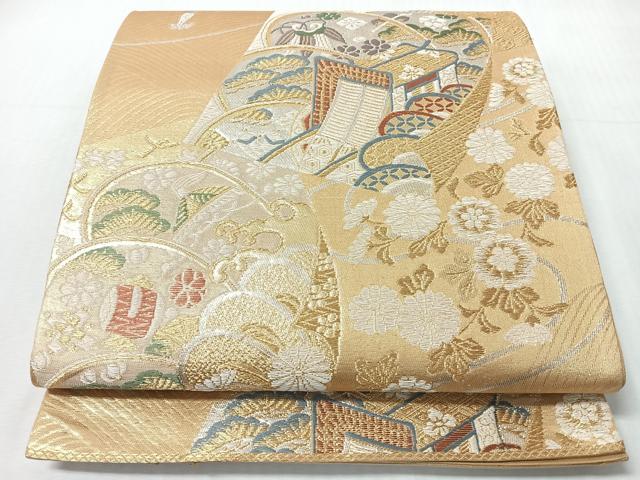 平和屋着物◎六通柄袋帯　唐織　色紙御所車草花文　金銀糸　正絹　逸品　CABI4675nb