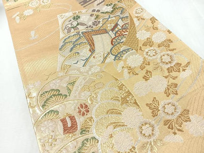 平和屋着物◎六通柄袋帯　唐織　色紙御所車草花文　金銀糸　正絹　逸品　CABI4675nb