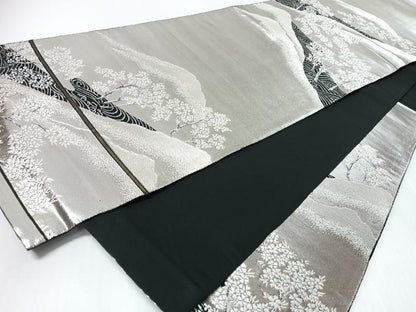 平和屋着物◎六通柄袋帯　唐織　遠山風景文　黒地　銀糸　正絹　逸品　CABI4676nb