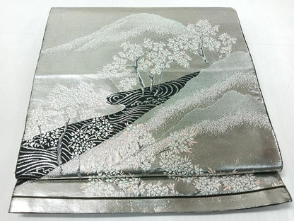 平和屋着物◎六通柄袋帯　唐織　遠山風景文　黒地　銀糸　正絹　逸品　CABI4676nb