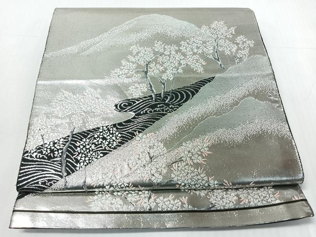 平和屋着物◎六通柄袋帯　唐織　遠山風景文　黒地　銀糸　正絹　逸品　CABI4676nb