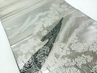 平和屋着物◎六通柄袋帯　唐織　遠山風景文　黒地　銀糸　正絹　逸品　CABI4676nb