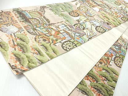 平和屋着物◎六通柄袋帯　唐織　桃山御所車　金糸　正絹　逸品　CABI4677nb