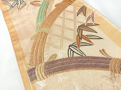 平和屋着物◎六通柄袋帯　唐織　籬笹竹文　金糸　正絹　逸品　CABI4681nb