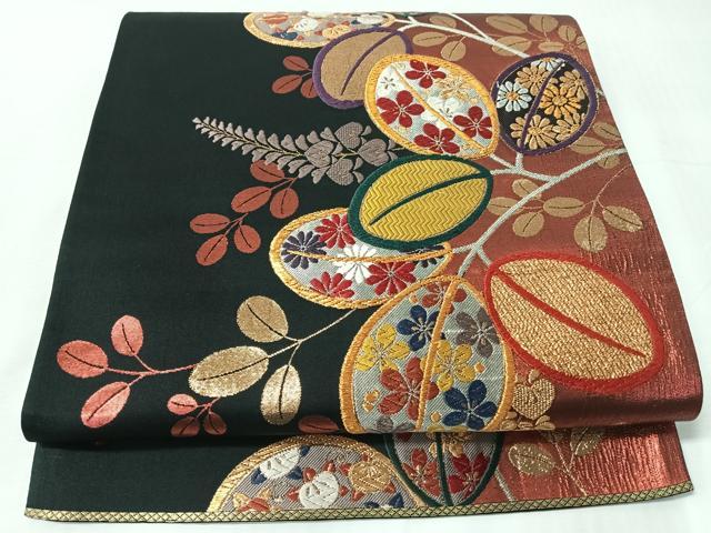 平和屋着物◎全通柄袋帯　唐織　草花文　黒地　金銀糸　正絹　逸品　CABI4682nb