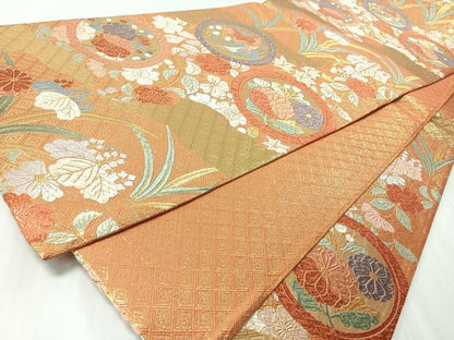 平和屋着物◎佐賀錦　六通柄袋帯　唐織　草花丸文　金糸　正絹　逸品　CABI4685nb