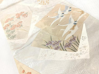 平和屋着物◎六通柄袋帯　色紙重ね飛鶴草花文　金銀糸　正絹　逸品　CABI4725nb