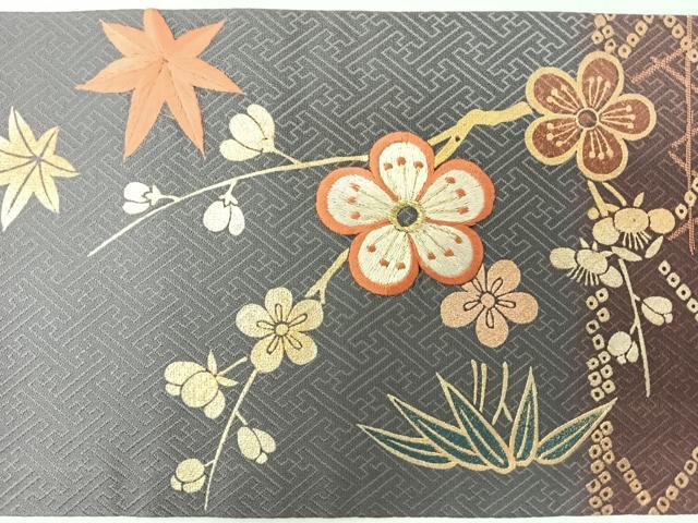 平和屋着物◎九寸名古屋帯　刺繍　笹竹梅文　金糸　正絹　逸品　CABI4734nb