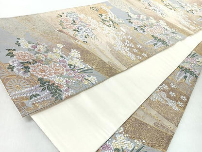 平和屋着物◎六通柄袋帯　唐織　華車草花尽くし　金銀糸　正絹　逸品　CABI4735nb