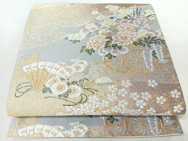 平和屋着物◎六通柄袋帯　唐織　華車草花尽くし　金銀糸　正絹　逸品　CABI4735nb