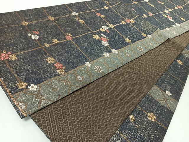 平和屋着物◎六通柄袋帯　格子梅文　金糸　正絹　逸品　未使用　CABI4736nb