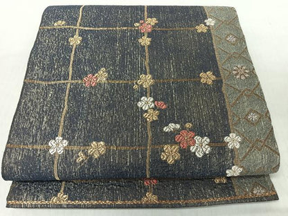 平和屋着物◎六通柄袋帯　格子梅文　金糸　正絹　逸品　未使用　CABI4736nb