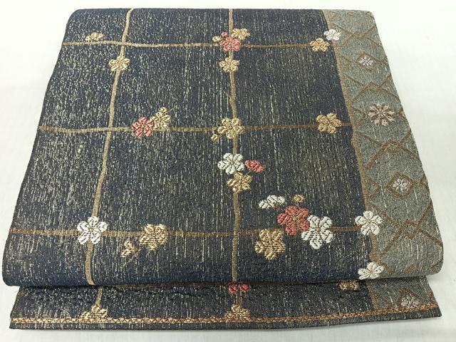 平和屋着物◎六通柄袋帯　格子梅文　金糸　正絹　逸品　未使用　CABI4736nb