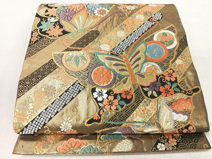 平和屋着物◎六通柄袋帯　唐織　草花舞蝶文　黒地　金銀糸　正絹　逸品　CABI4765nb