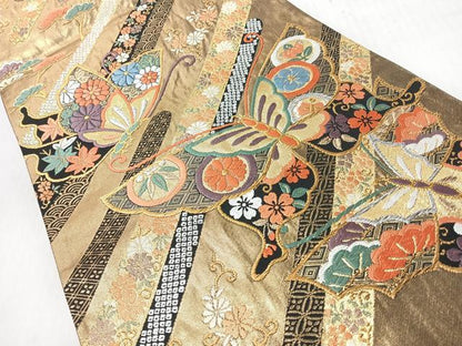 平和屋着物◎六通柄袋帯　唐織　草花舞蝶文　黒地　金銀糸　正絹　逸品　CABI4765nb