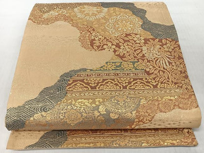 平和屋着物◎六通柄袋帯　道長草花文　金糸　正絹　逸品　CABI4770nb