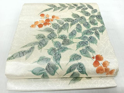 平和屋着物◎九寸名古屋帯　作家物　刺繍　草花文　金糸　正絹　逸品　CABI4771nb