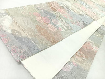 平和屋着物◎六通柄袋帯　扇面草花文　銀糸　正絹　逸品　未使用　CABI4773nb