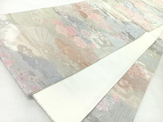 平和屋着物◎六通柄袋帯　扇面草花文　銀糸　正絹　逸品　未使用　CABI4773nb