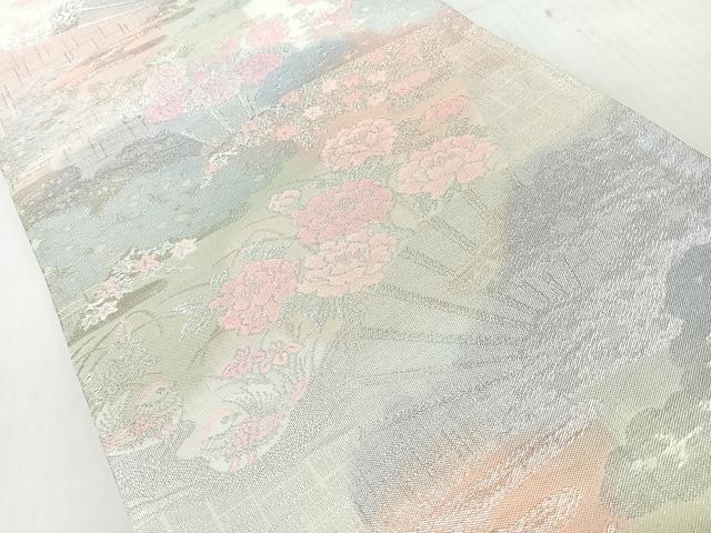 平和屋着物◎六通柄袋帯　扇面草花文　銀糸　正絹　逸品　未使用　CABI4773nb