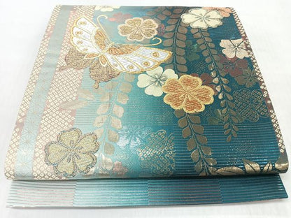 平和屋着物◎両面　六通柄　草花舞蝶文　金銀糸　袋帯　正絹　逸品　CABI4777nb