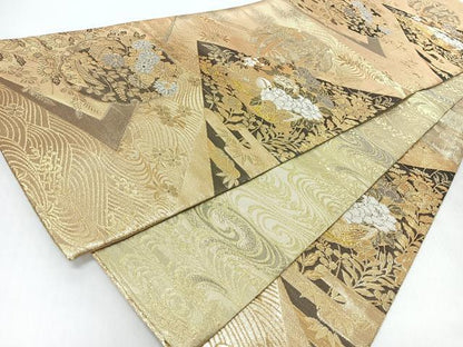 平和屋着物◎六通柄袋帯　流水鴛鴦草花文　金銀糸　正絹　逸品　CABI4783nb