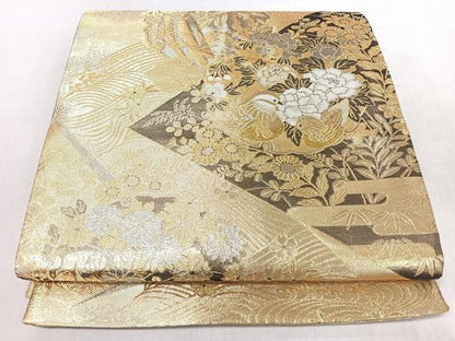 平和屋着物◎六通柄袋帯　流水鴛鴦草花文　金銀糸　正絹　逸品　CABI4783nb