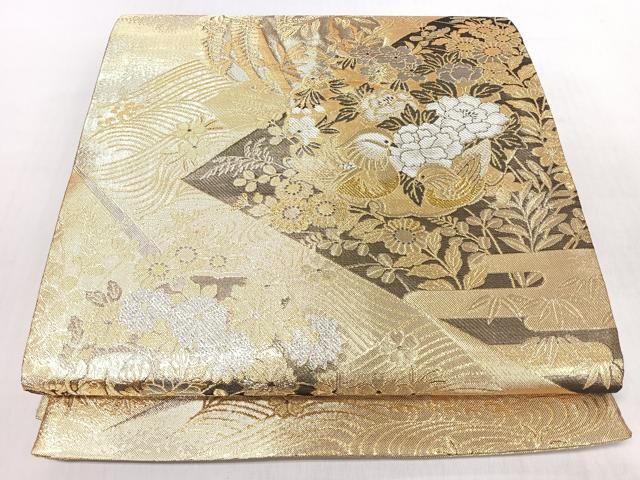 平和屋着物◎六通柄袋帯　流水鴛鴦草花文　金銀糸　正絹　逸品　CABI4783nb
