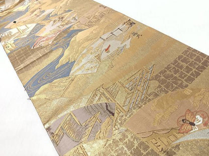 平和屋着物◎全通全景柄袋帯　地紙人物風景文　金糸　正絹　逸品　CABI4800nb
