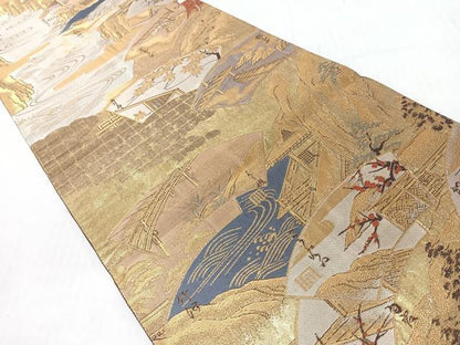 平和屋着物◎全通全景柄袋帯　地紙人物風景文　金糸　正絹　逸品　CABI4800nb