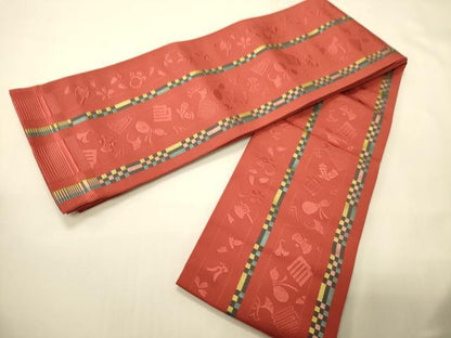 平和屋着物●本場筑前博多織　半幅帯　宝尽くし間道　正絹　逸品　未使用　CABI4805ak